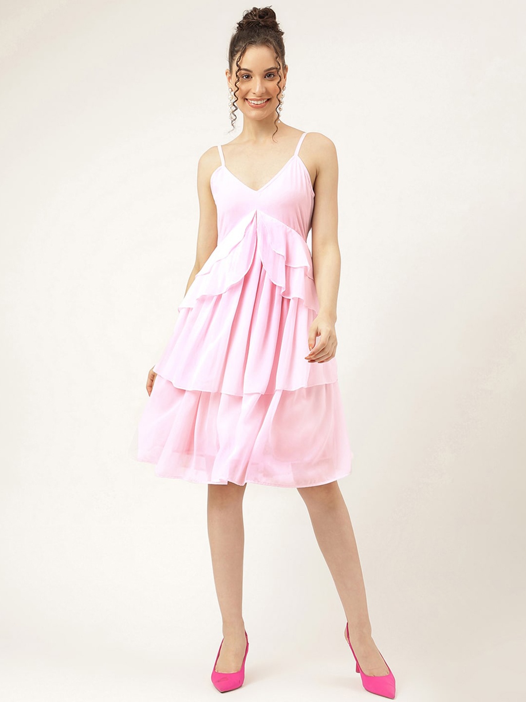 

Masakali.Co Shoulder Straps Layered Georgette Empire Dress, Pink