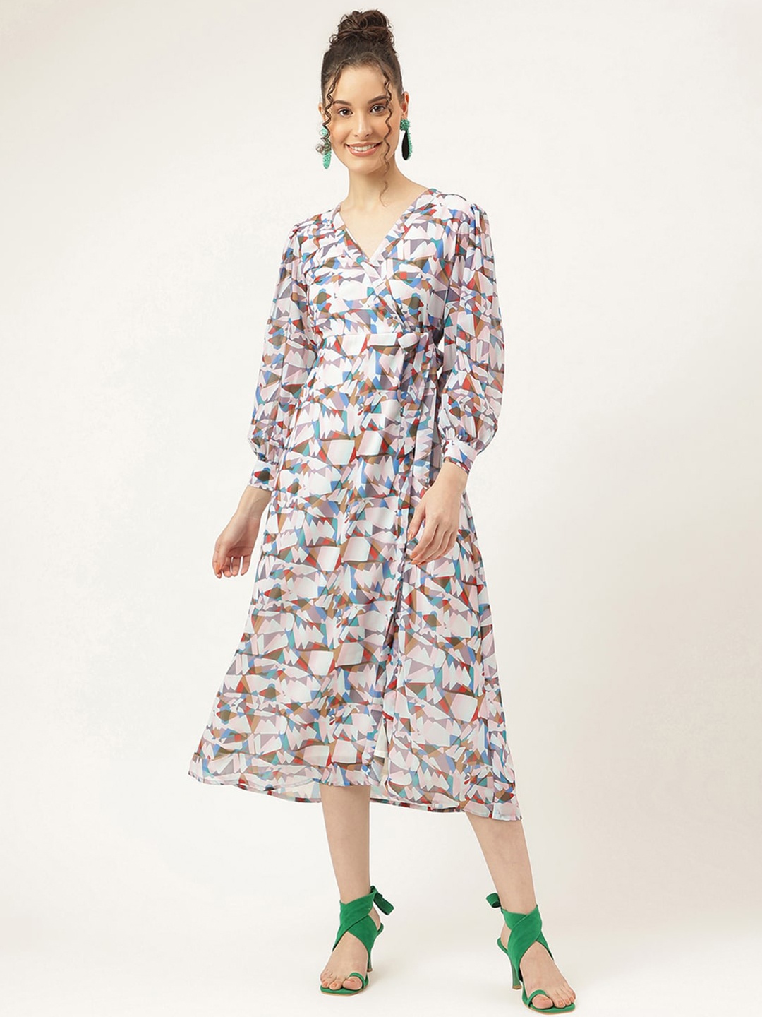 

Masakali Co Geometric Printed V-Neck Tie-Up Wrap Midi Dress, White