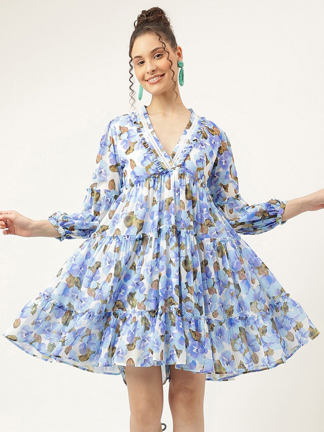 

Masakali.Co Floral Printed V-Neck Ruffled Georgette Tiered Empire Dress, White
