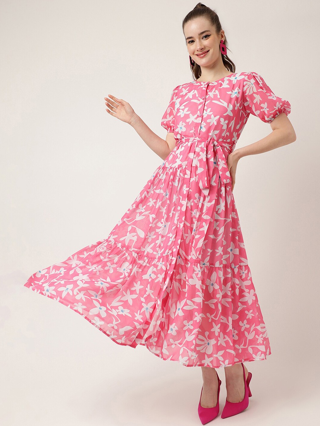 

Masakali.Co Floral Printed Square Neck Puff Sleeve Tie Up Georgette Fit & Flare Dress, Pink