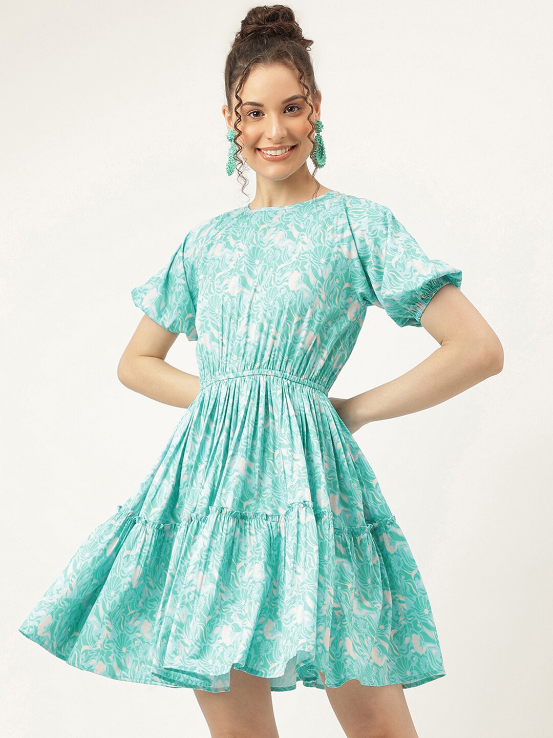

Masakali Co Floral Printed Puff Sleeves Fit & Flare Dress, Blue
