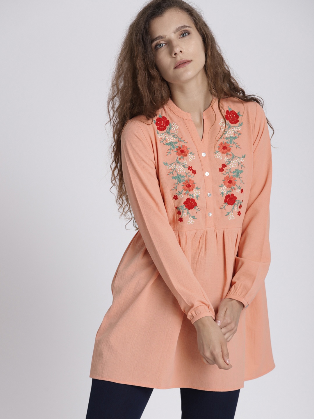 

Chemistry Peach-Coloured Self Design Top