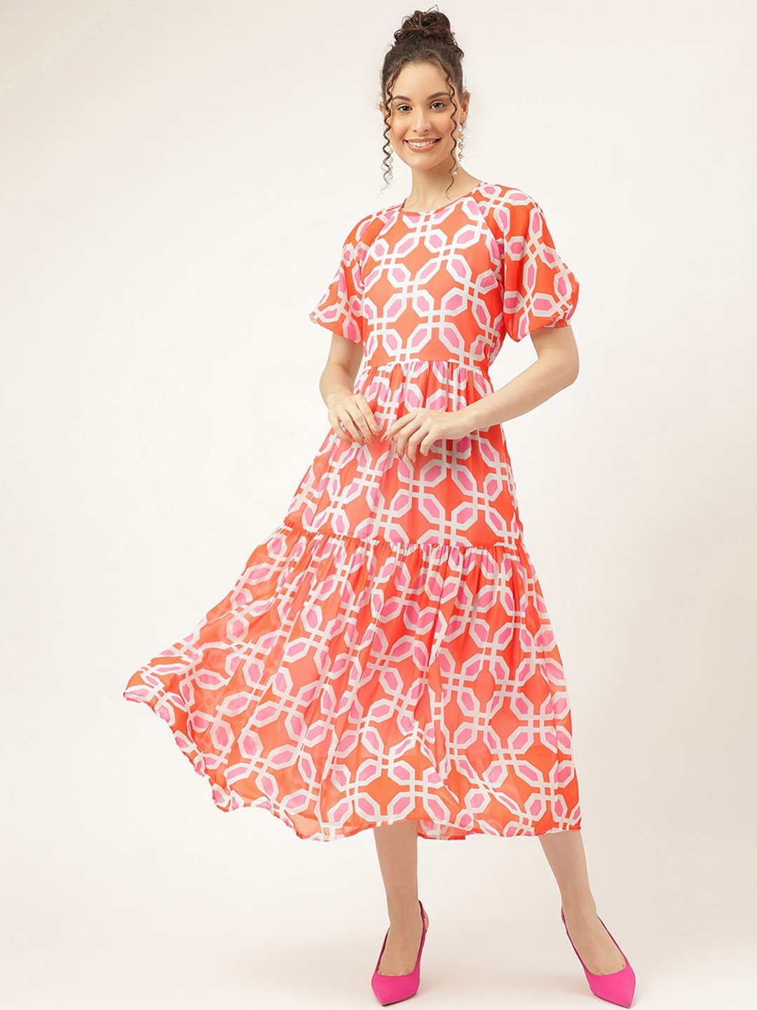 

Masakali.Co Geometric Printed Fit & Flare Maxi Dress, Coral