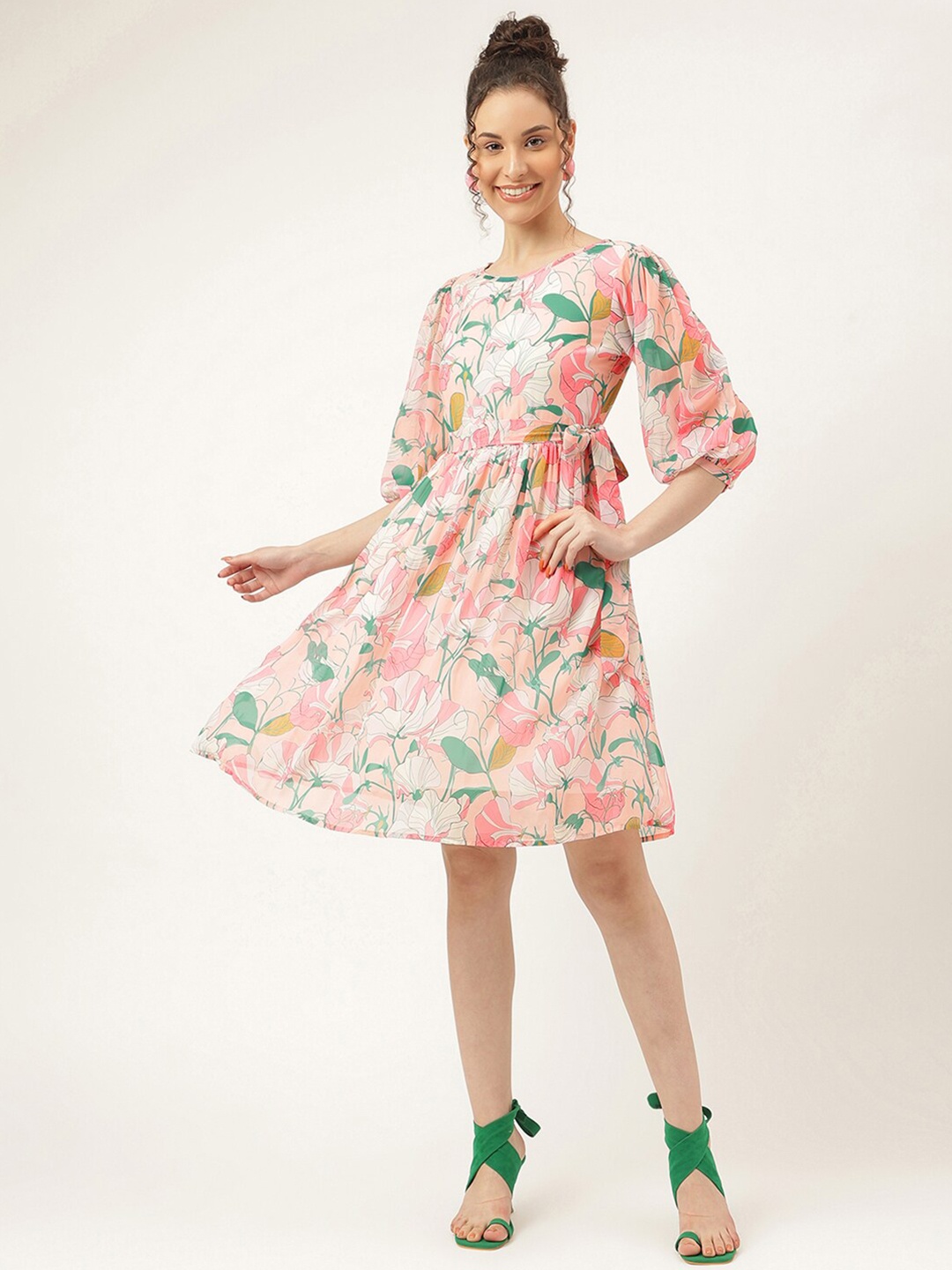 

Masakali Co Floral Printed Puff Sleeves Tie-Up Fit & Flare Dress, Peach