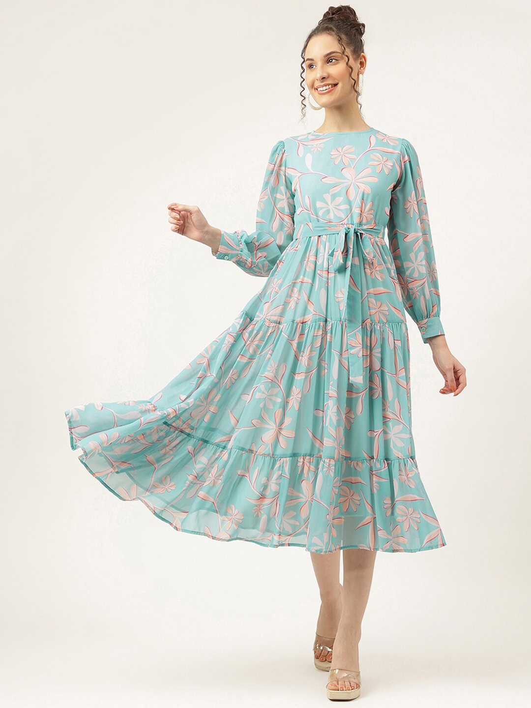 

Masakali Co Floral Printed Cuffed Sleeves Tie-Up Tiered Fit & Flare Midi Dress, Green