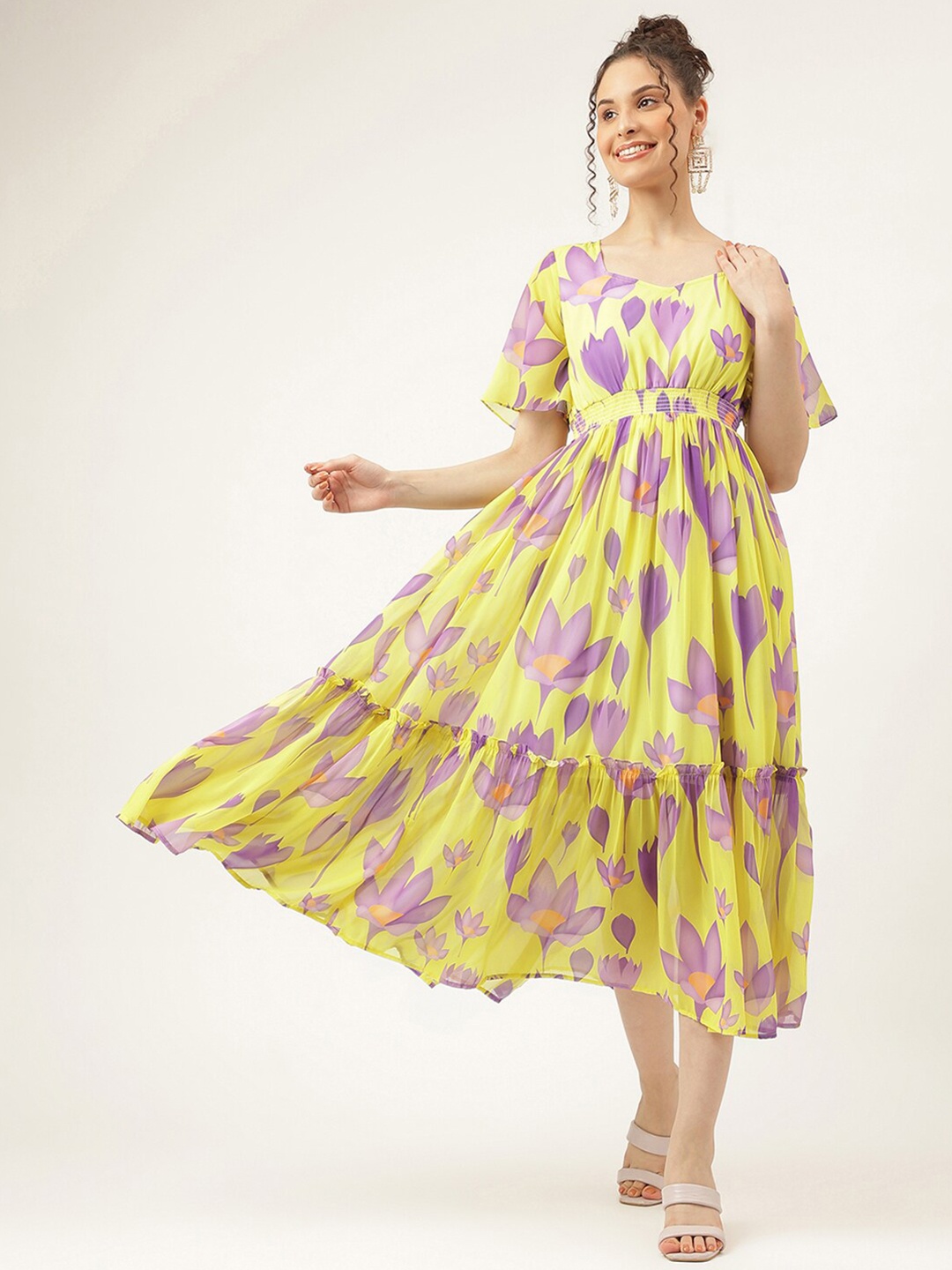 

Masakali.Co Floral Printed Flared Sleeve Smocked Georgette Fit & Flare Dress, Yellow