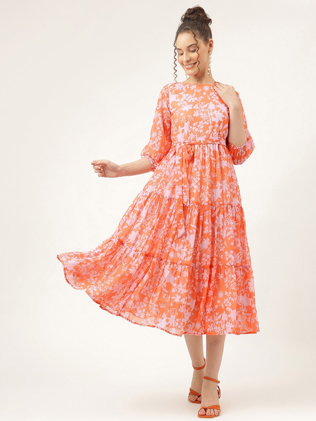 

Masakali.Co Floral Printed Tiered Fit & Flare Georgette Midi Dress, Orange