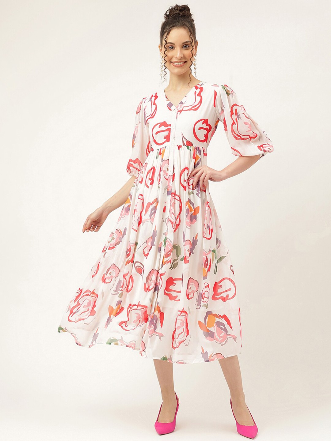 

Masakali Co Floral Printed Puff Sleeves Fit & Flare Midi Dress, Off white