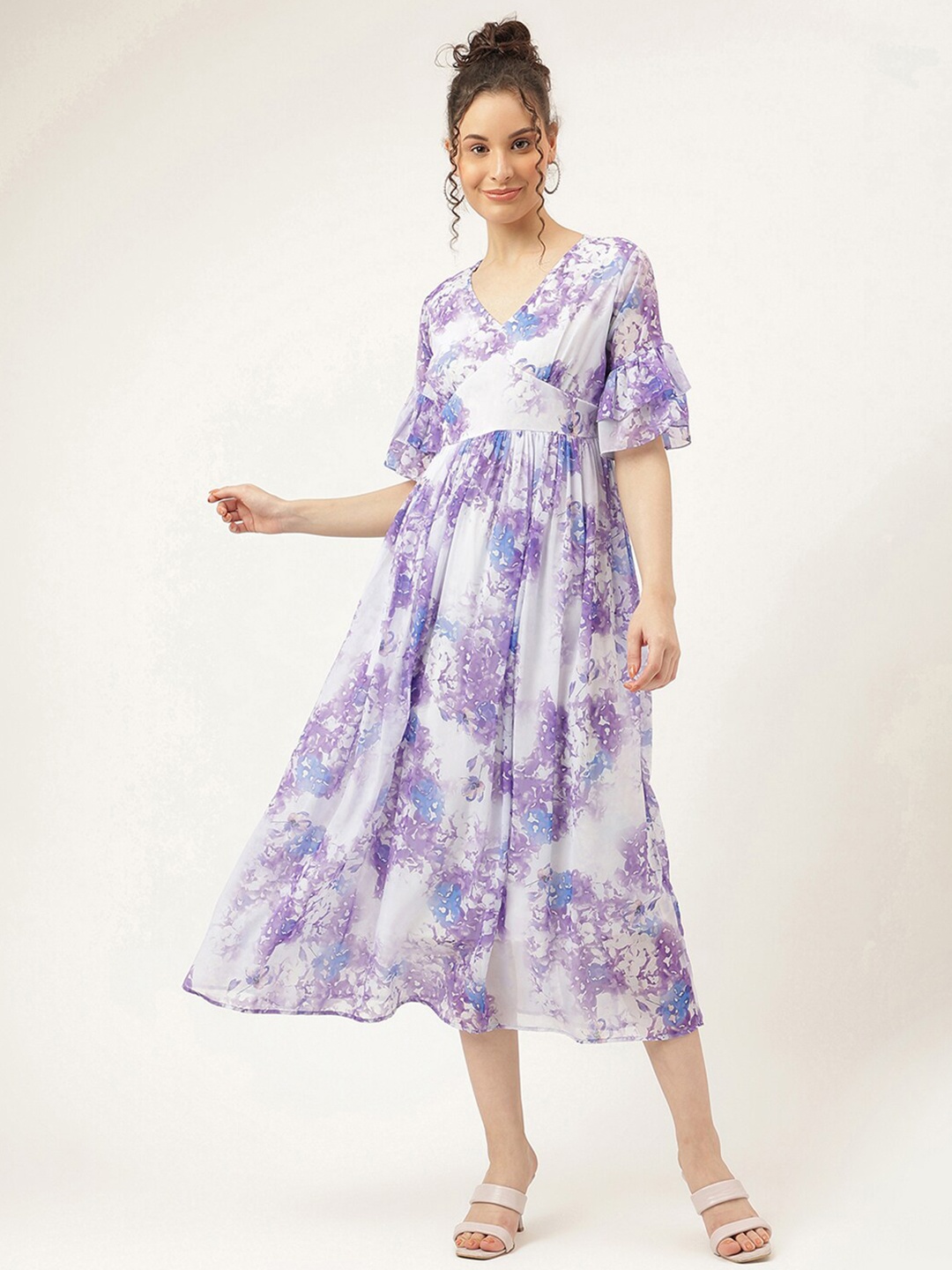 

Masakali.Co Floral Printed Gathered Fit & Flare Georgette Midi Dress, Purple