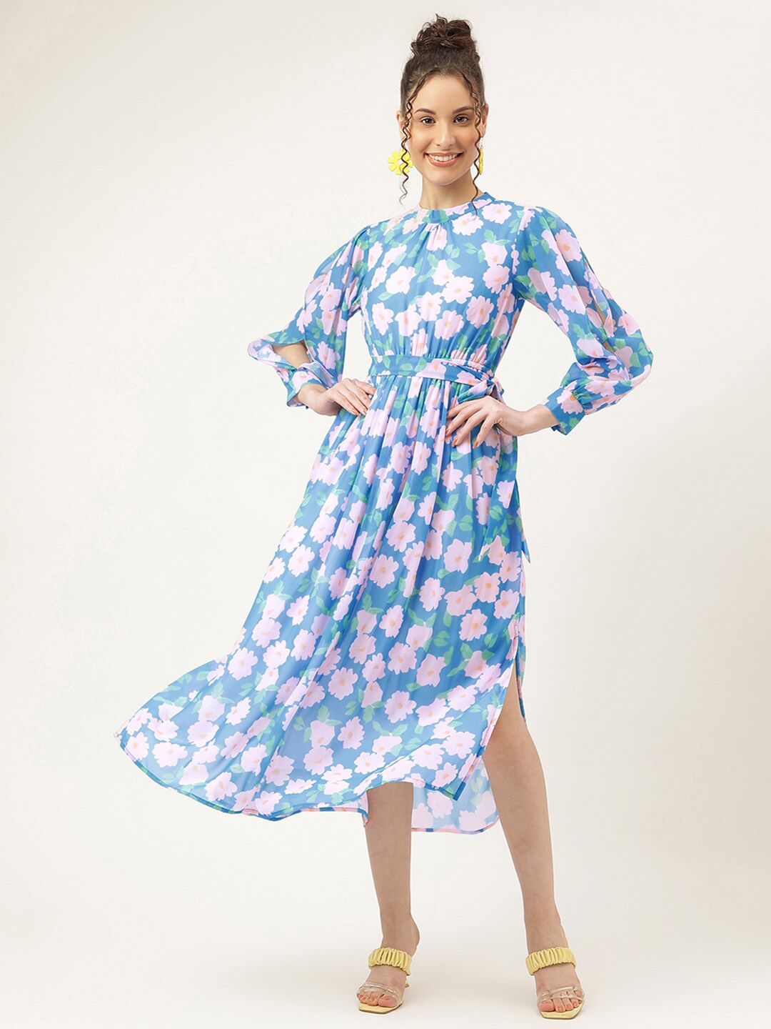 

Masakali.Co Floral Printed Band Collar Fit & Flare Georgette Midi Dress, Blue