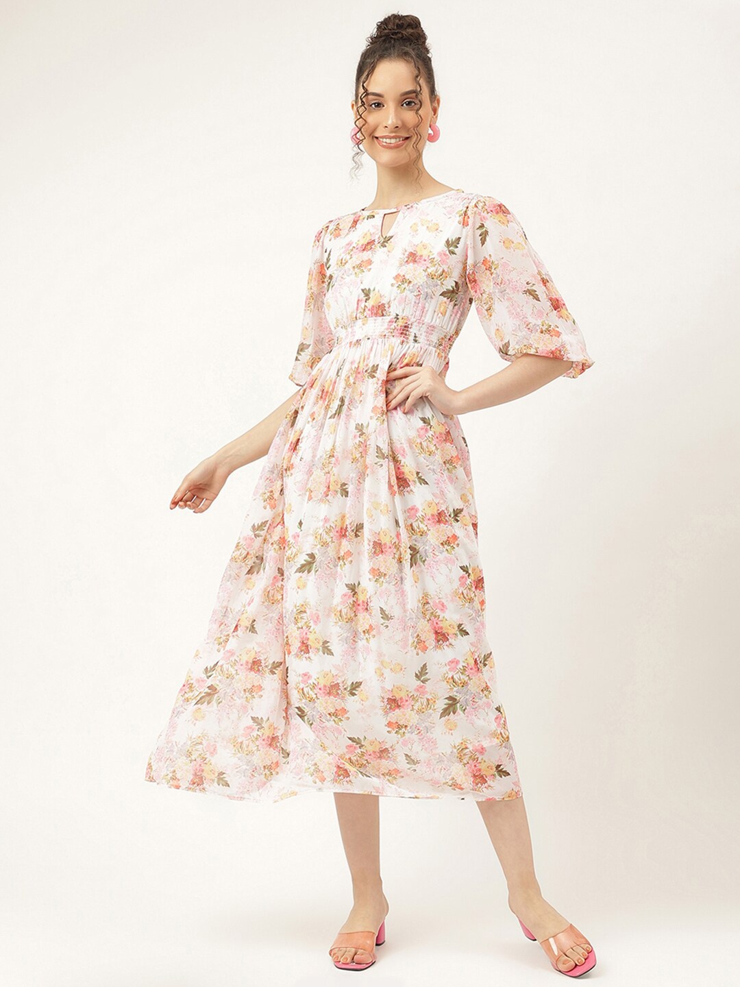 

Masakali.Co Floral Printed Smocked Fit & Flare Georgette Midi Dress, White
