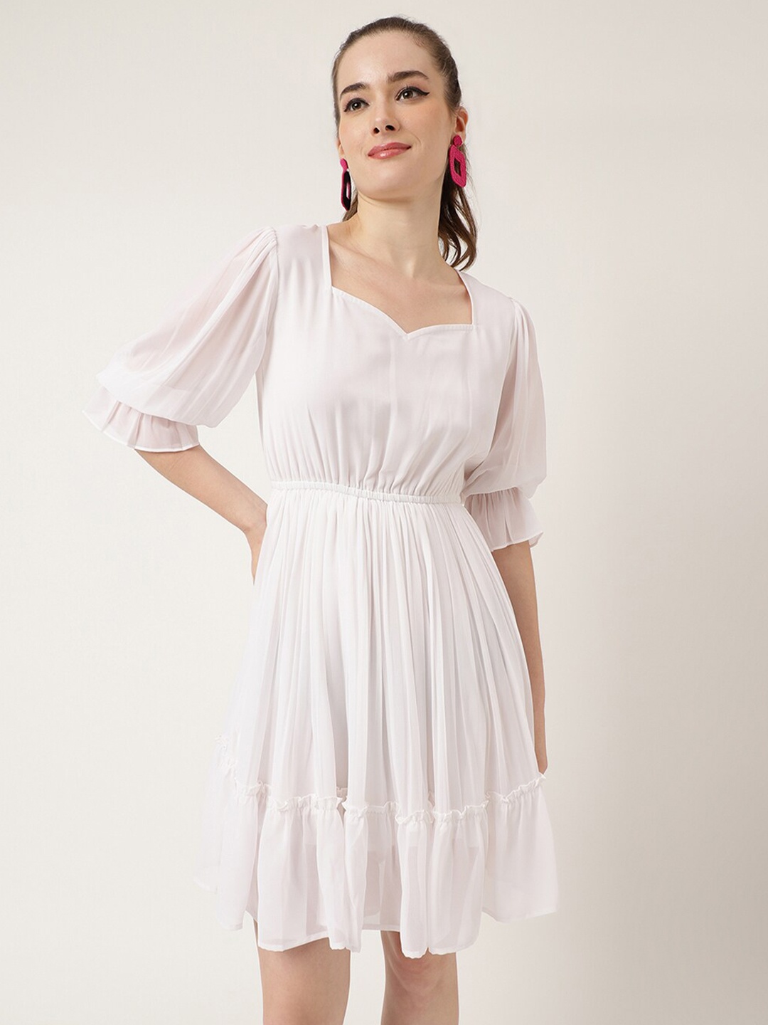 

Masakali.Co Square Neck Puff Sleeve Gathered Georgette Fit & Flare Dress, Off white