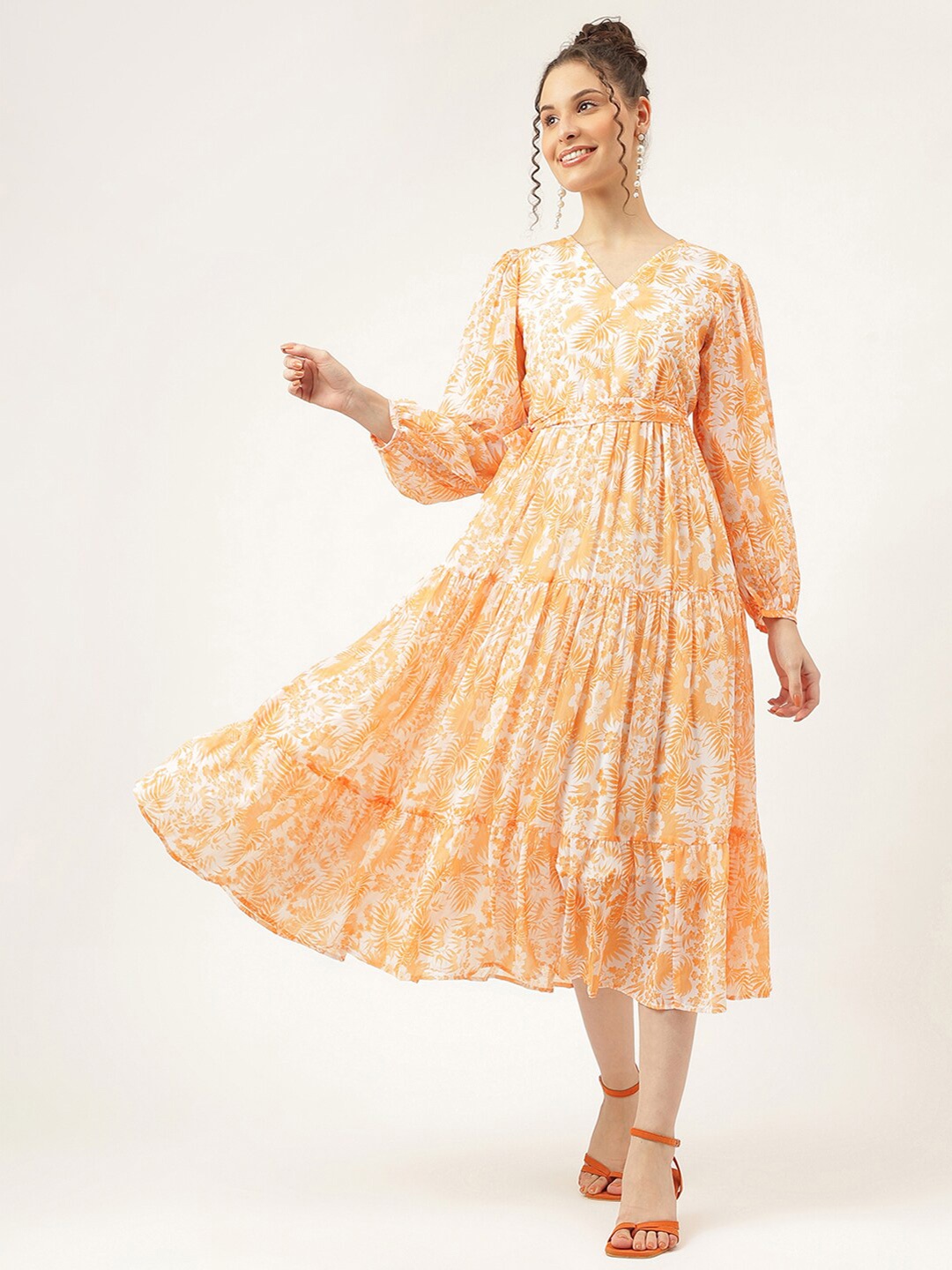 

Masakali Co Floral Printed Puff Sleeves Tiered Fit & Flare Midi Dress, Orange