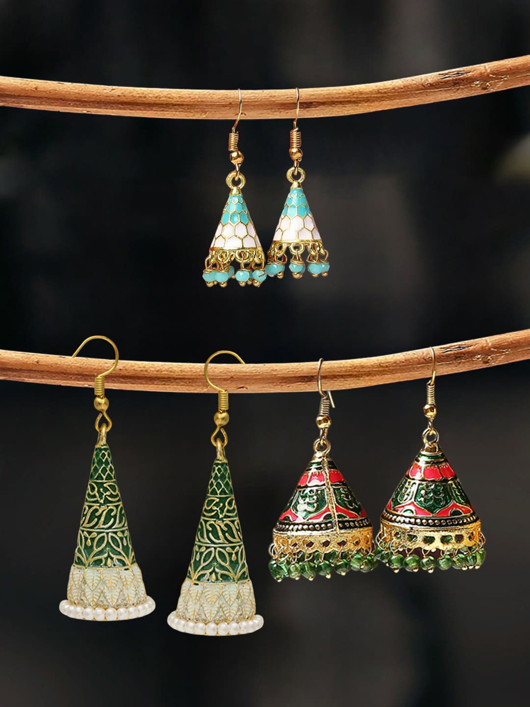 

OOMPH Set Of 3 Beaded Dome-Shaped Jhumkas, Gold