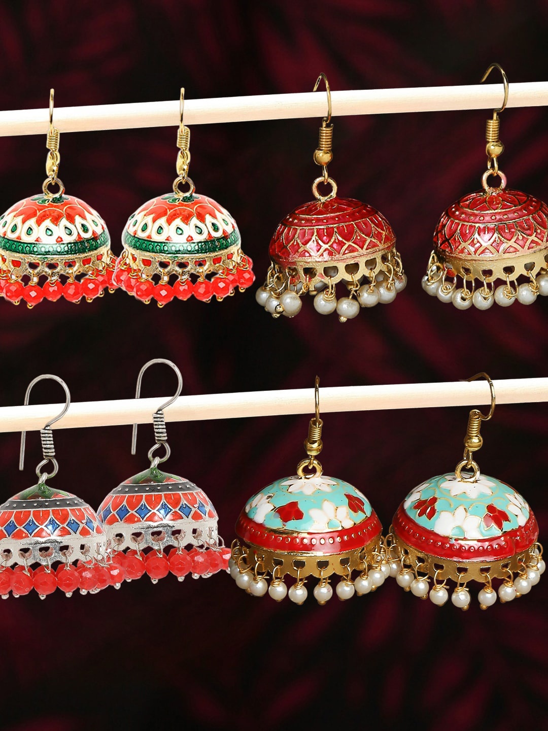 

OOMPH Set Of 4 Stone-Studded & Beaded Dome Shaped Jhumkas, Red