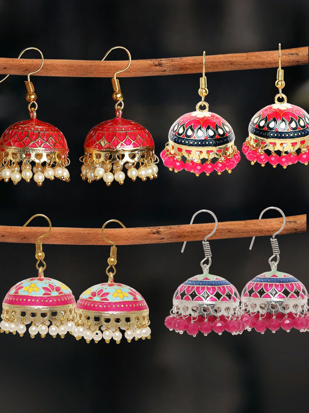 

OOMPH Set Of 4 Beaded Dome Shaped Jhumkas, Gold