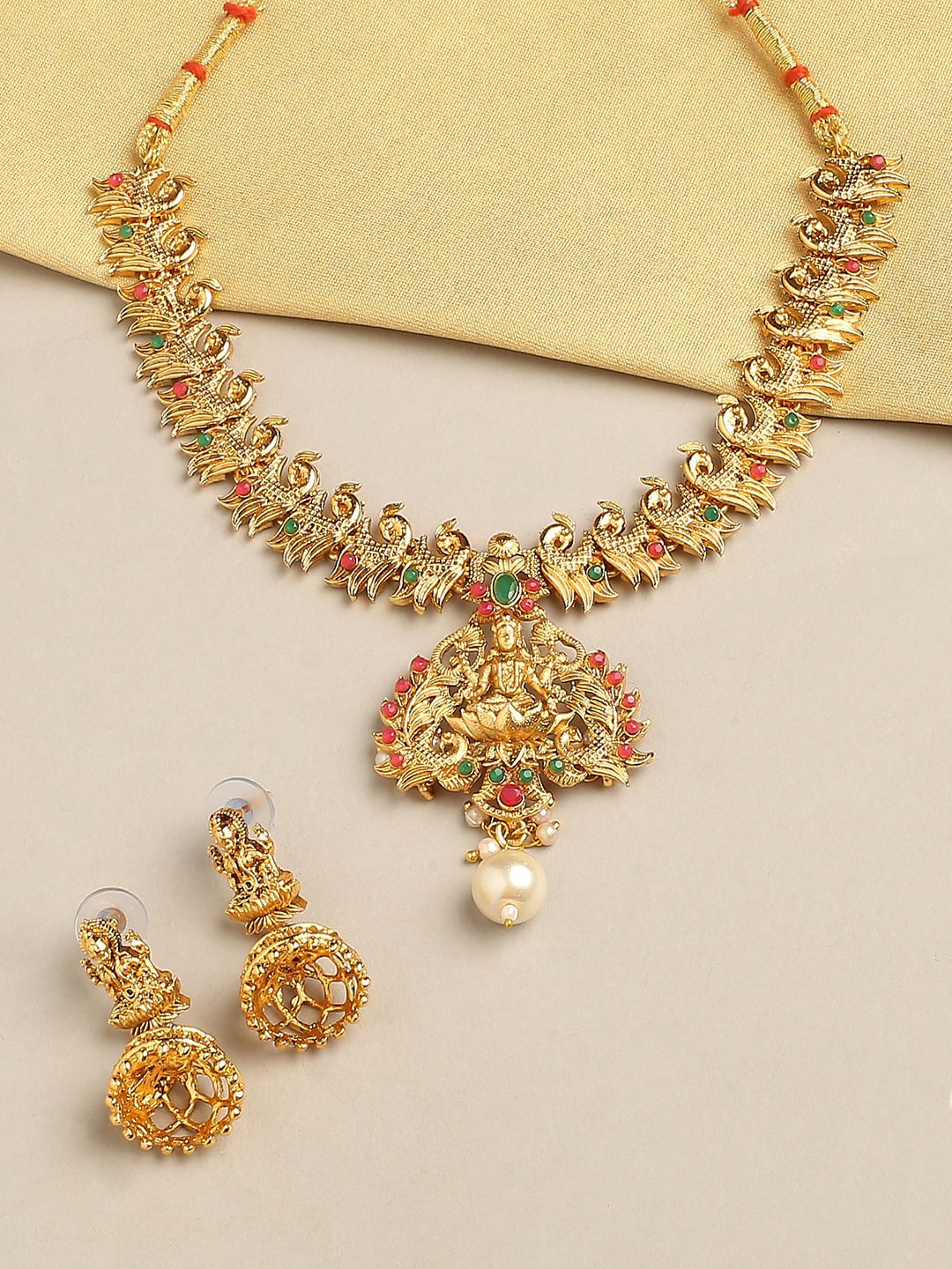 

OOMPH Stone-Studded & Pearl Beaded Jewellery Set, Gold