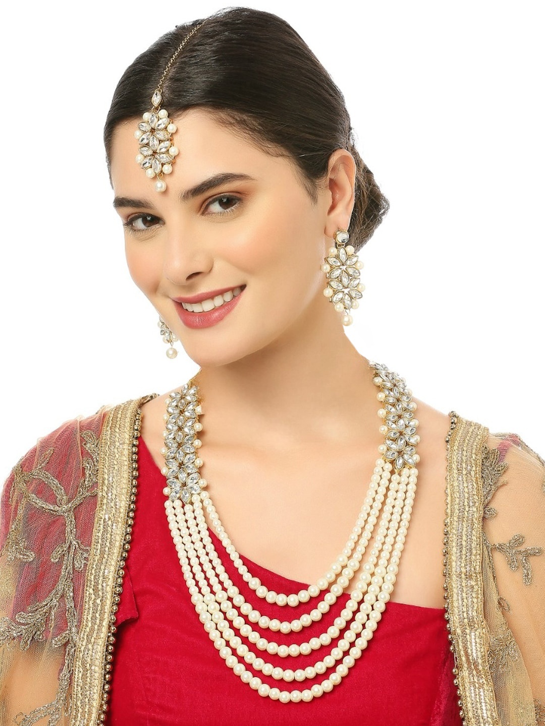 

OOMPH Kundan-Studded & Artificial Beaded Jadau Jewellery Set, Gold