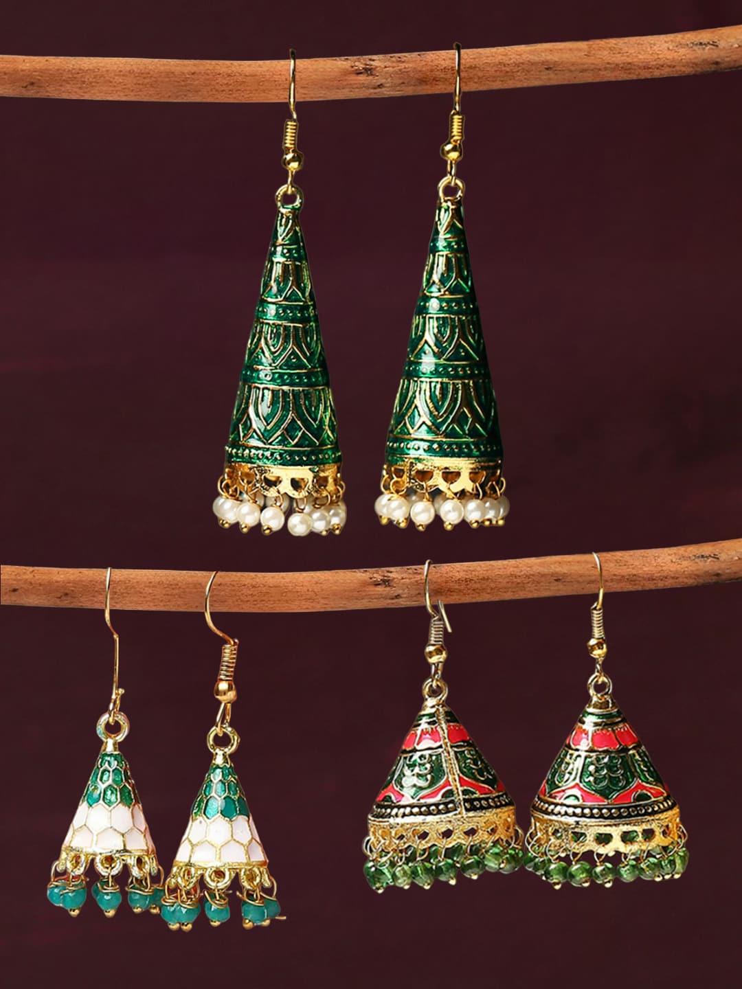 

OOMPH Set Of 3 Pearls Beaded Jhumkas, Green