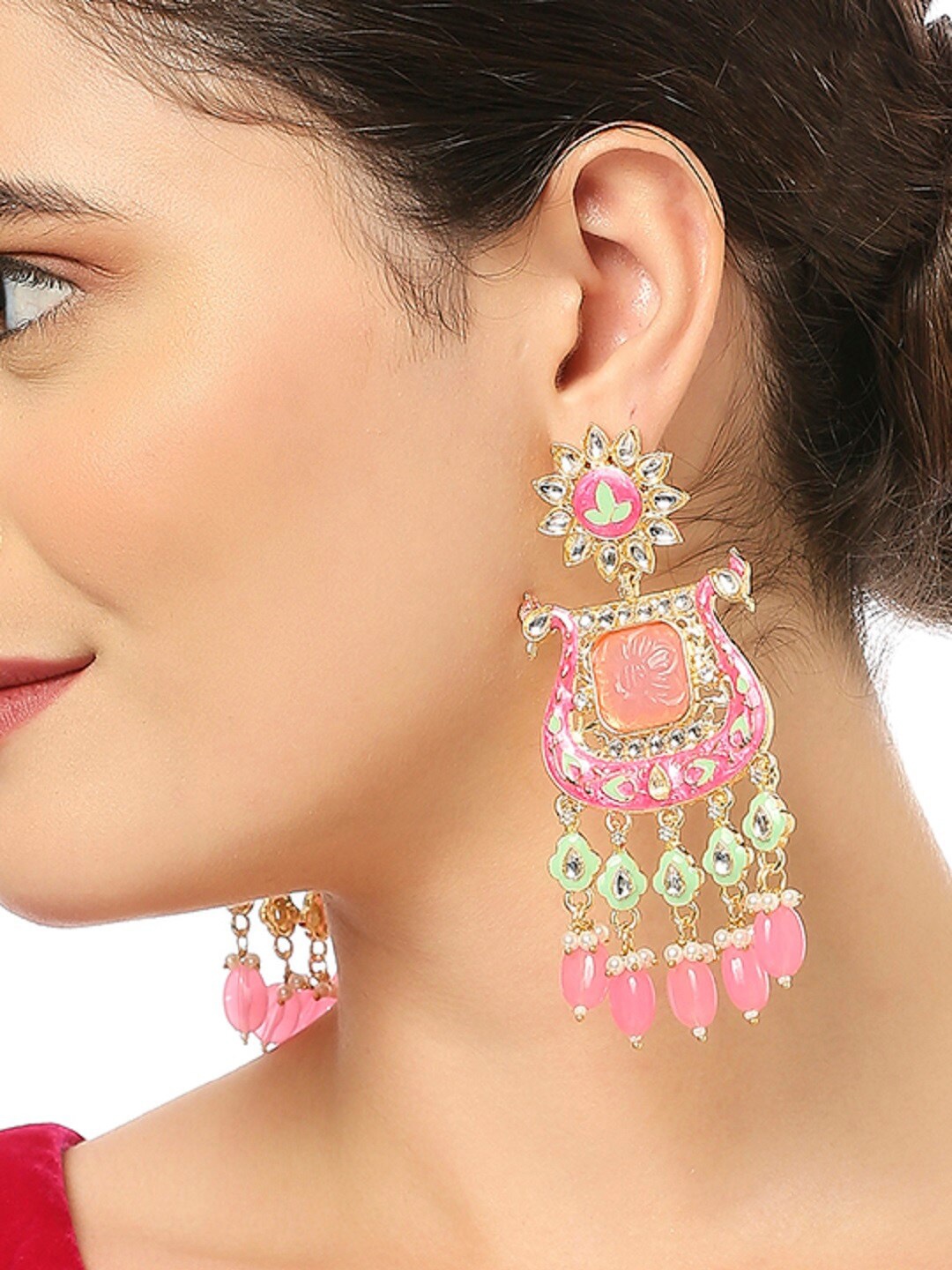 

OOMPH Kundan-Studded Peacock Shaped Chandbalis, Gold