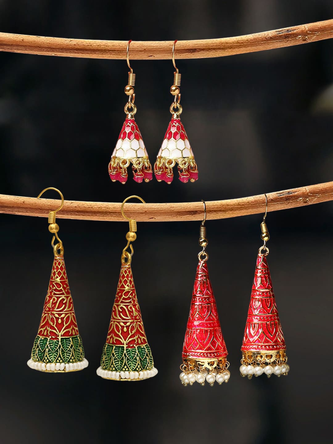 

OOMPH Set Of 3 Beaded Dome-Shaped Jhumkas, Gold