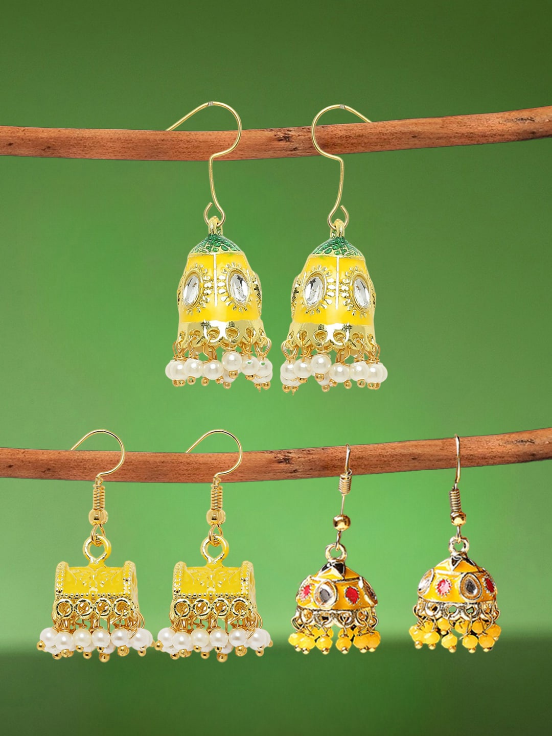 

OOMPH Set Of 3 Kundan Studded & Beaded Dome Shaped Jhumkas, Yellow