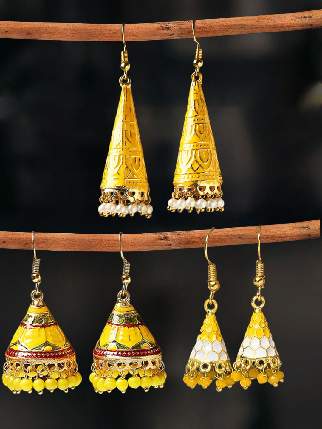 

OOMPH Set Of 3 Beaded Dome-Shaped Jhumkas, Gold