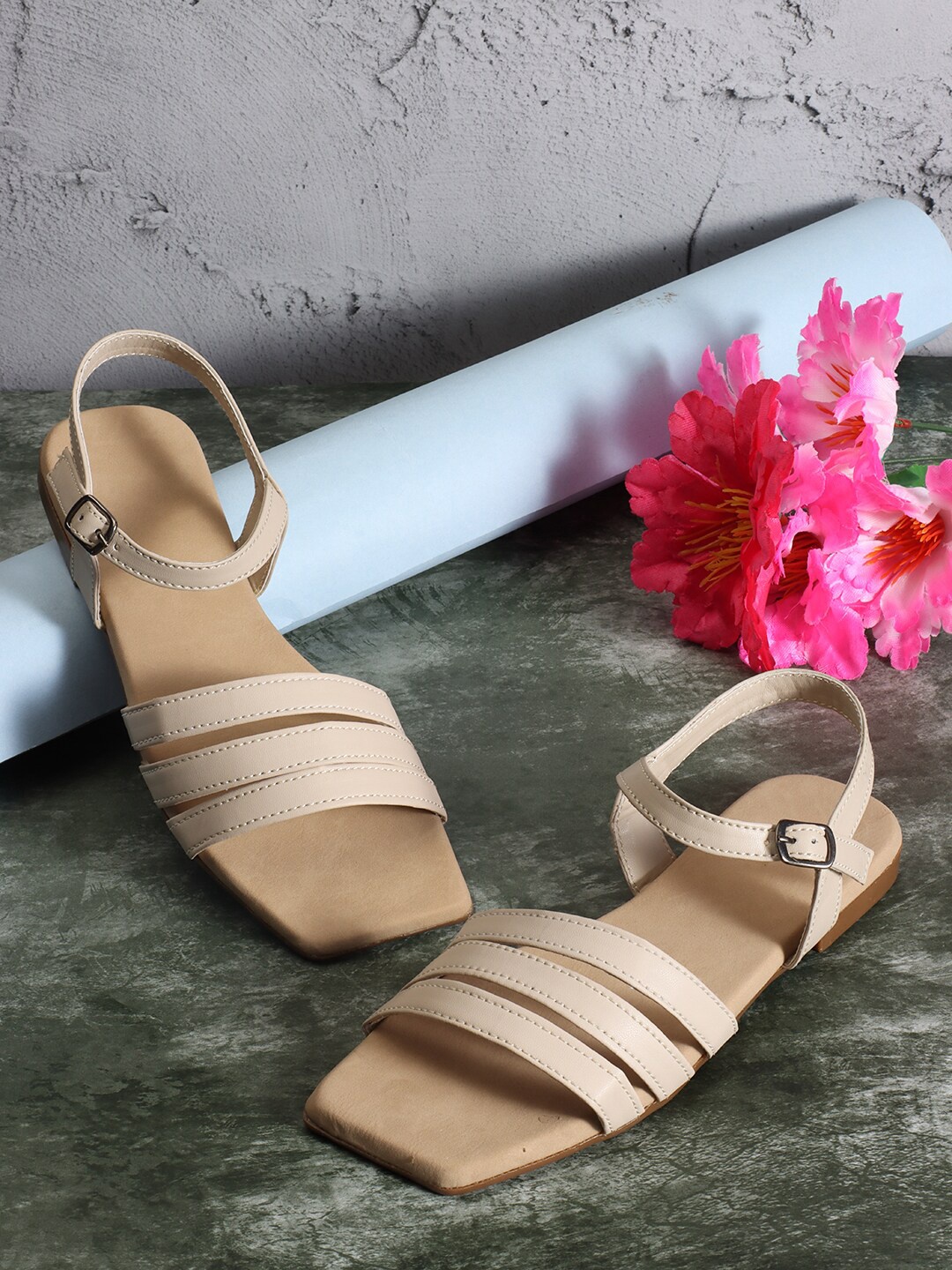

PERY PAO Strappy Open Toe Flats, Beige