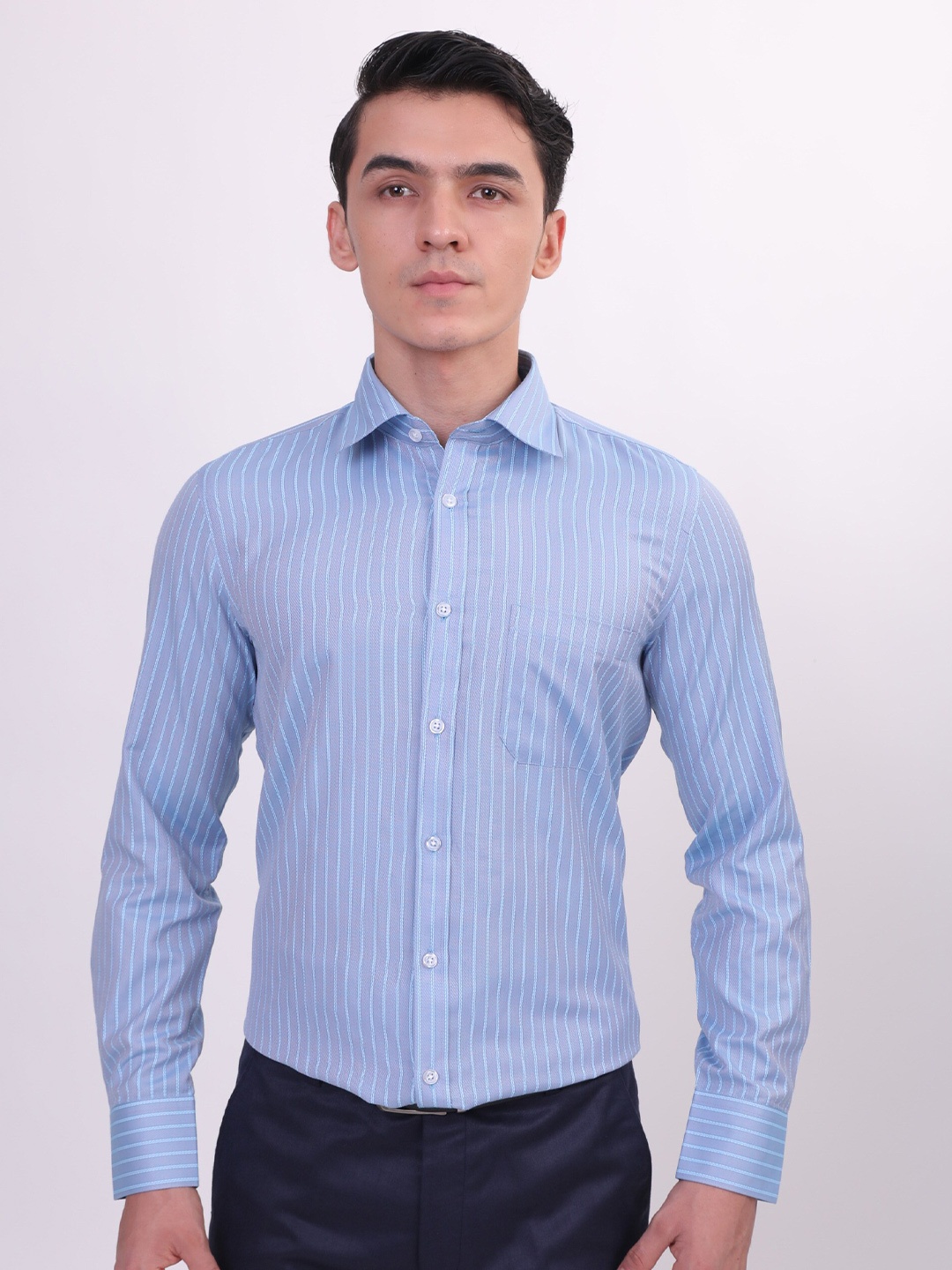 

MUTAQINOTI Comfort Vertical Striped Cotton Formal Shirt, Blue