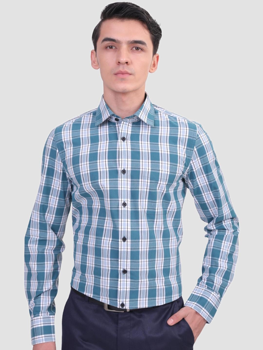 

MUTAQINOTI Comfort Tartan Checked Cotton Formal Shirt, Green