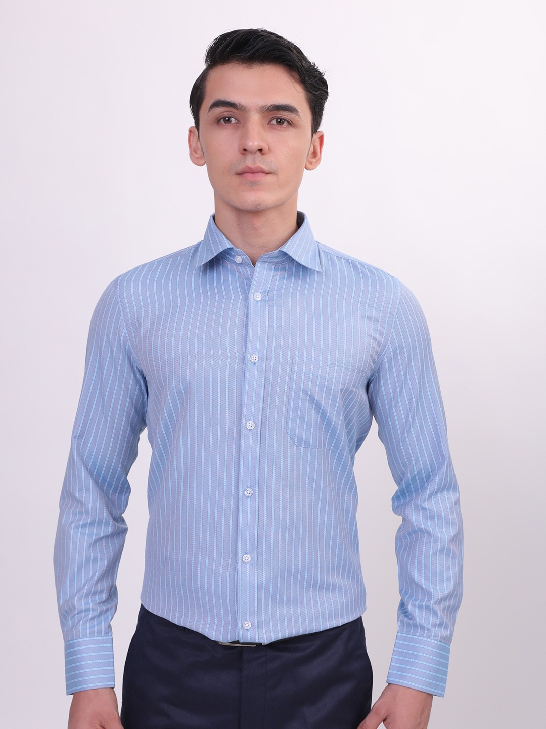 

MUTAQINOTI Comfort Vertical Stripes Spread Collar Cotton Formal Shirt, Blue