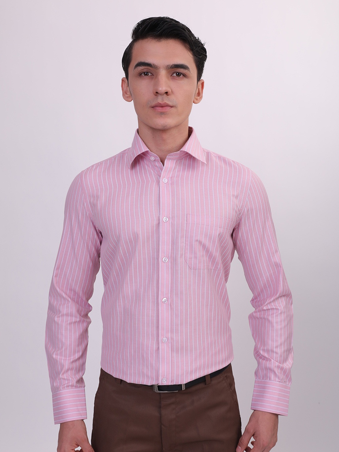 MUTAQINOTI Comfort Vertical Striped Cotton Formal Shirt, Pink