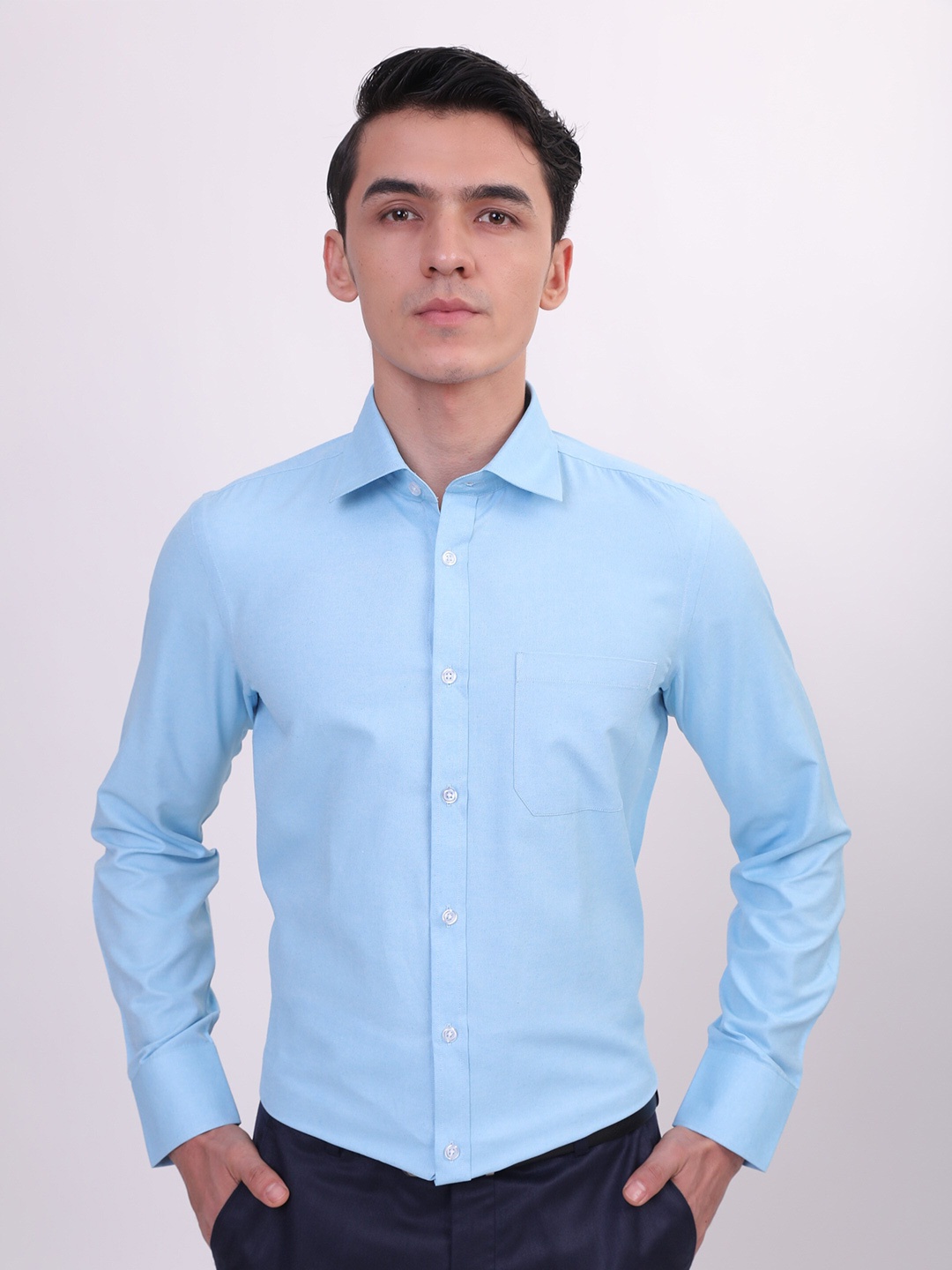 MUTAQINOTI Comfort Spread Collar Cotton Formal Shirt, Blue