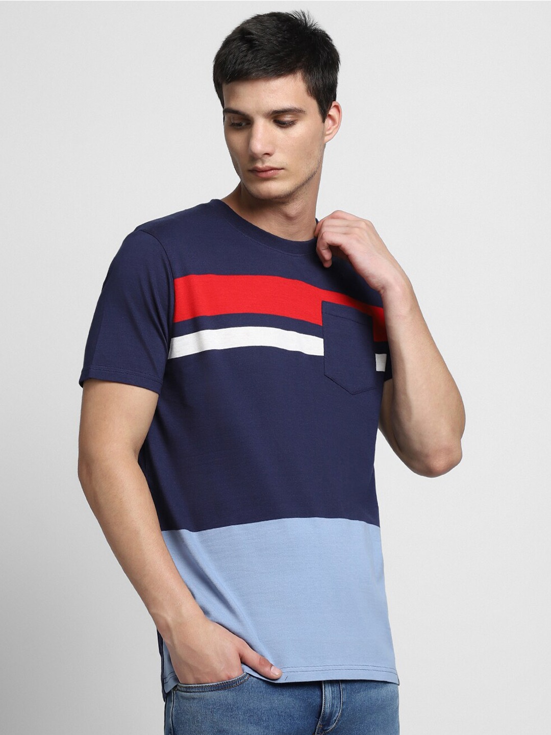 

Dennis Lingo Colourblocked Slim Fit Pure Cotton T-shirt, Navy blue