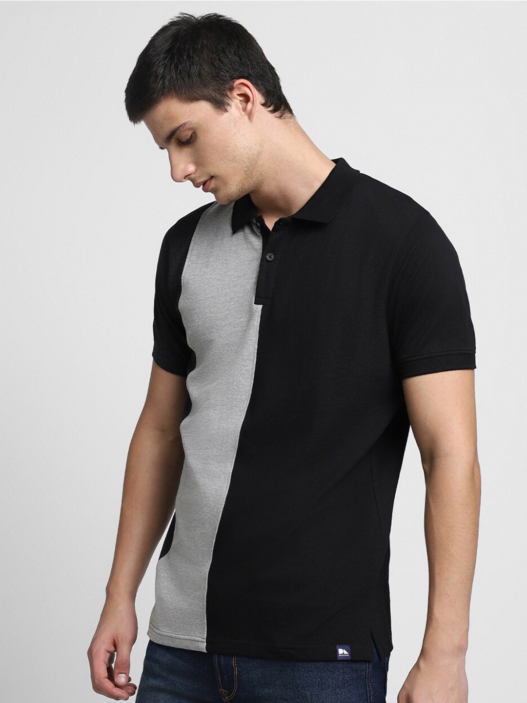 

Dennis Lingo Colourblocked Polo Collar Pure Cotton T-shirt, Black