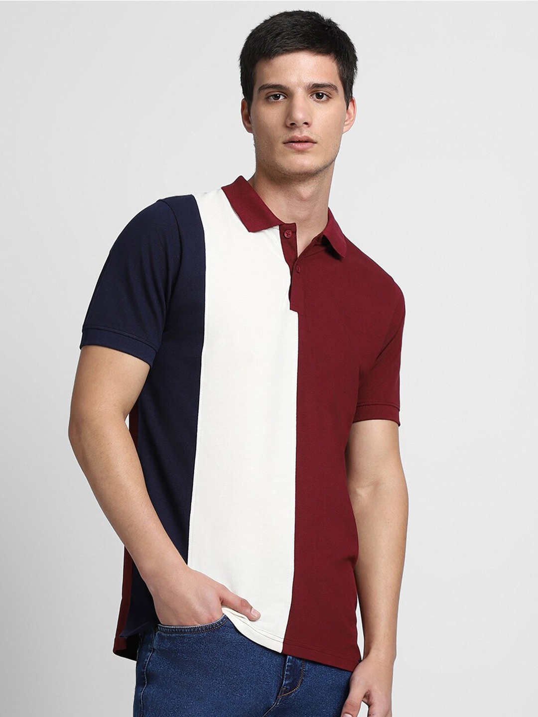 

Dennis Lingo Colourblocked Polo Collar Pure Cotton T-shirt, Maroon