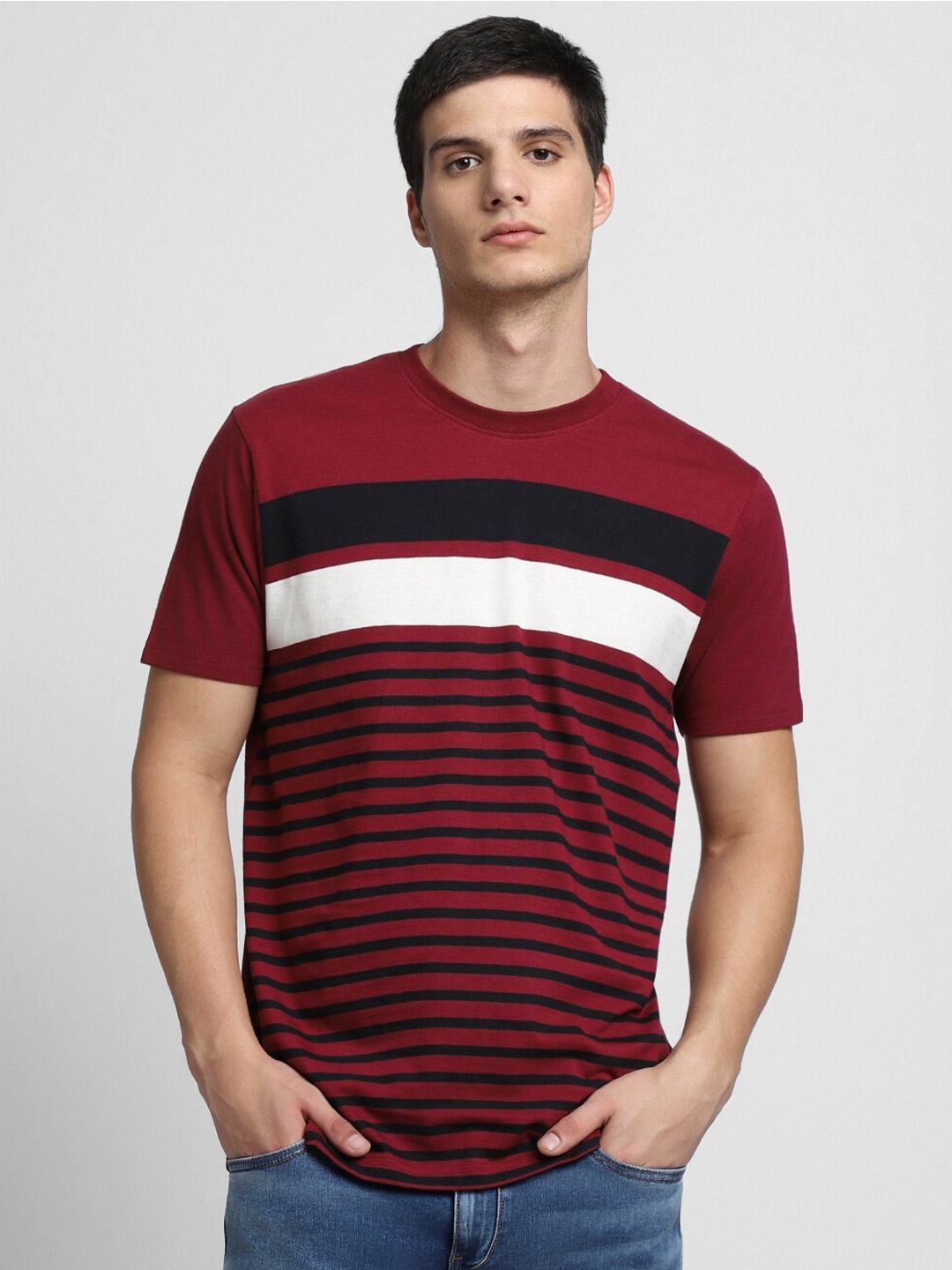 

Dennis Lingo Striped Slim Fit Pure Cotton T-shirt, Maroon