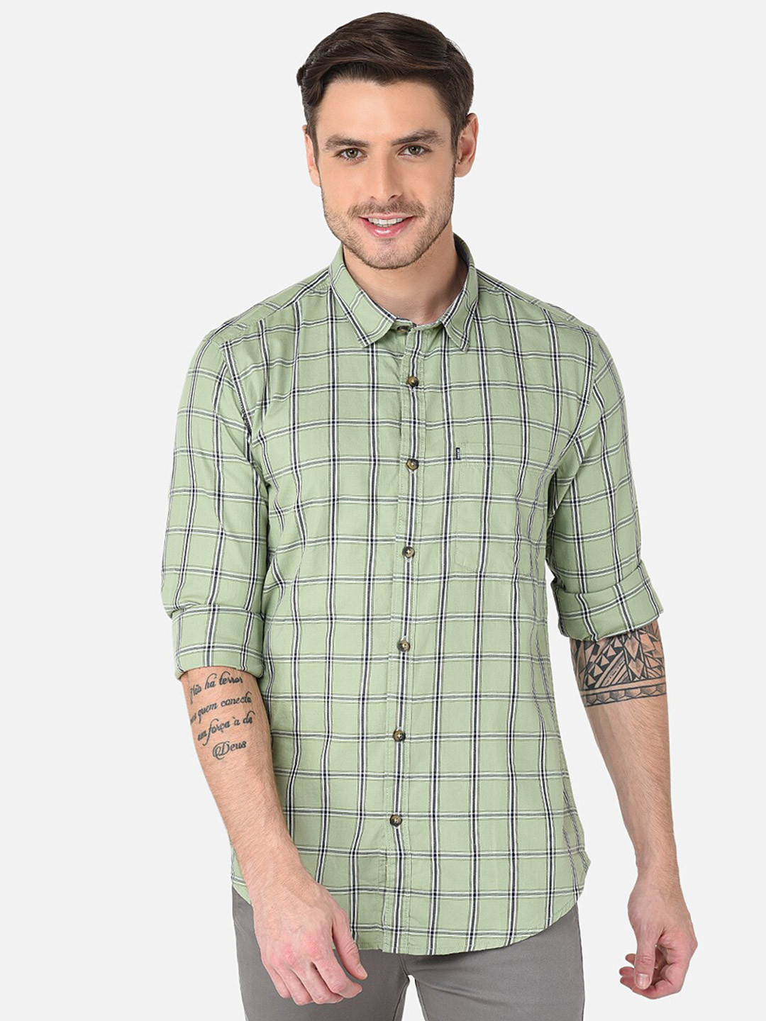 

MOZZO Classic Slim Fit Grid Tattersall Checked Cotton Casual Shirt, Green