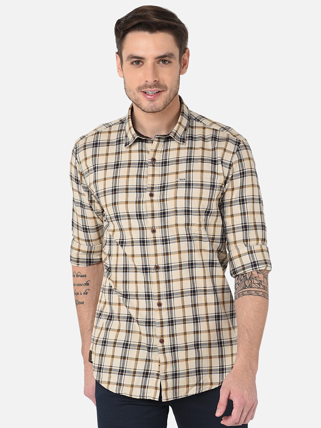 

MOZZO Classic Slim Fit Tartan Checks Spread Collar Pure Cotton Casual Shirt, Beige