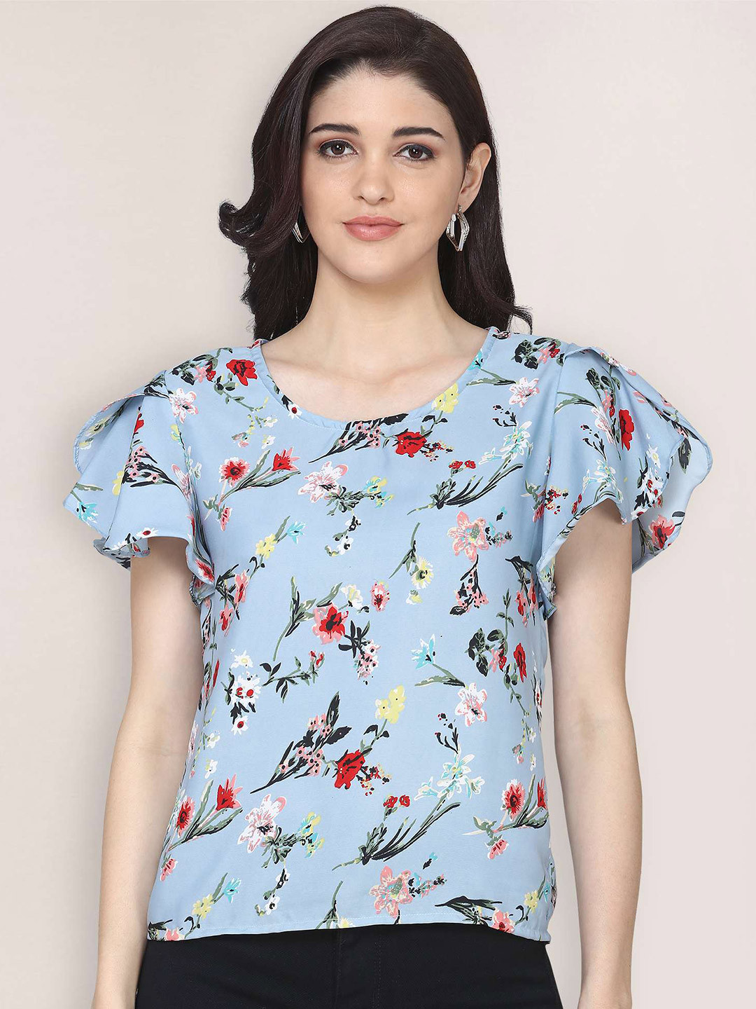 

BAESD Floral Printed Floral Neck Flutter Sleeves Regular Top, Blue