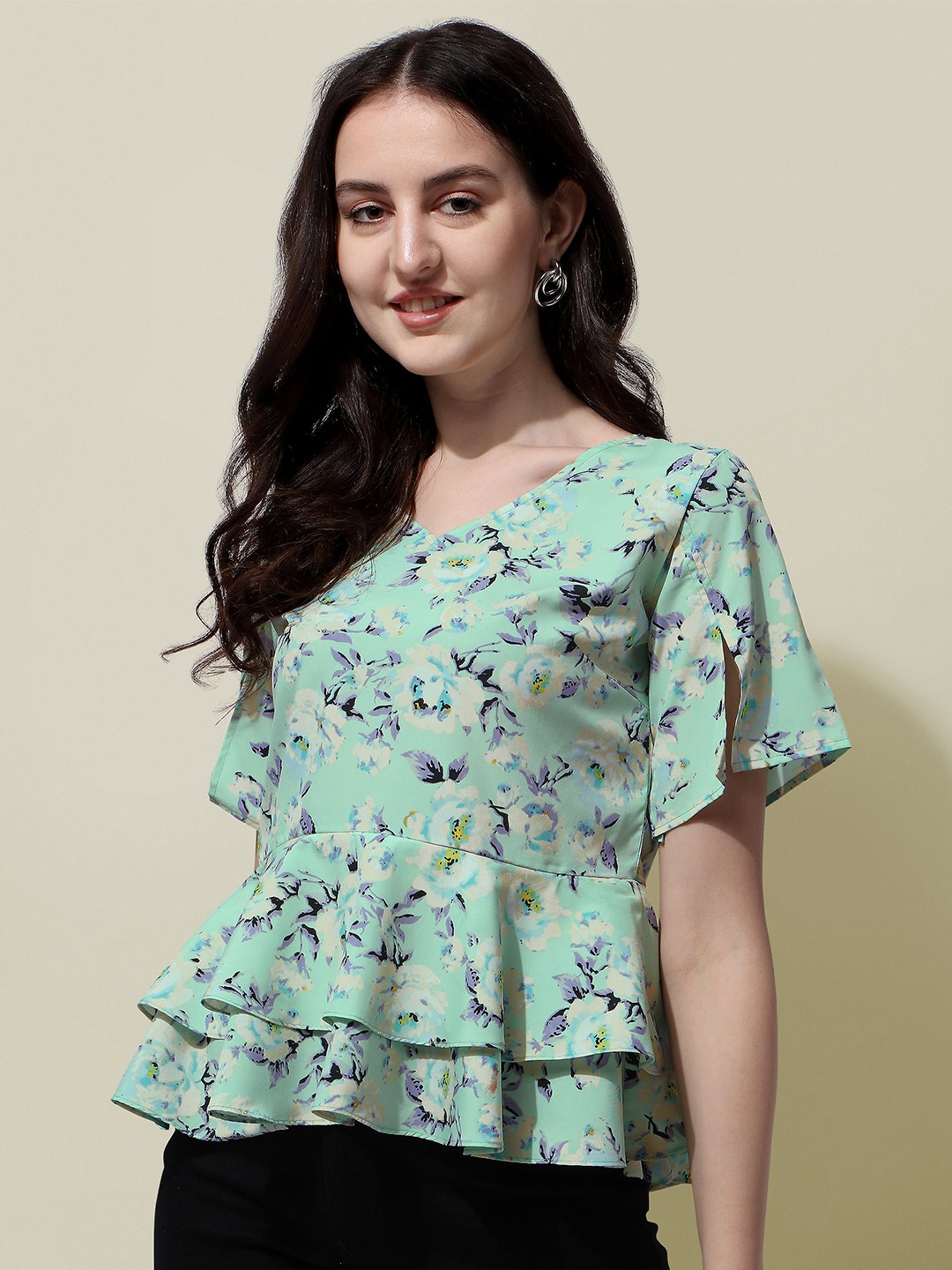 

BAESD Floral Printed Slit Sleeve Layered Peplum Top, Green