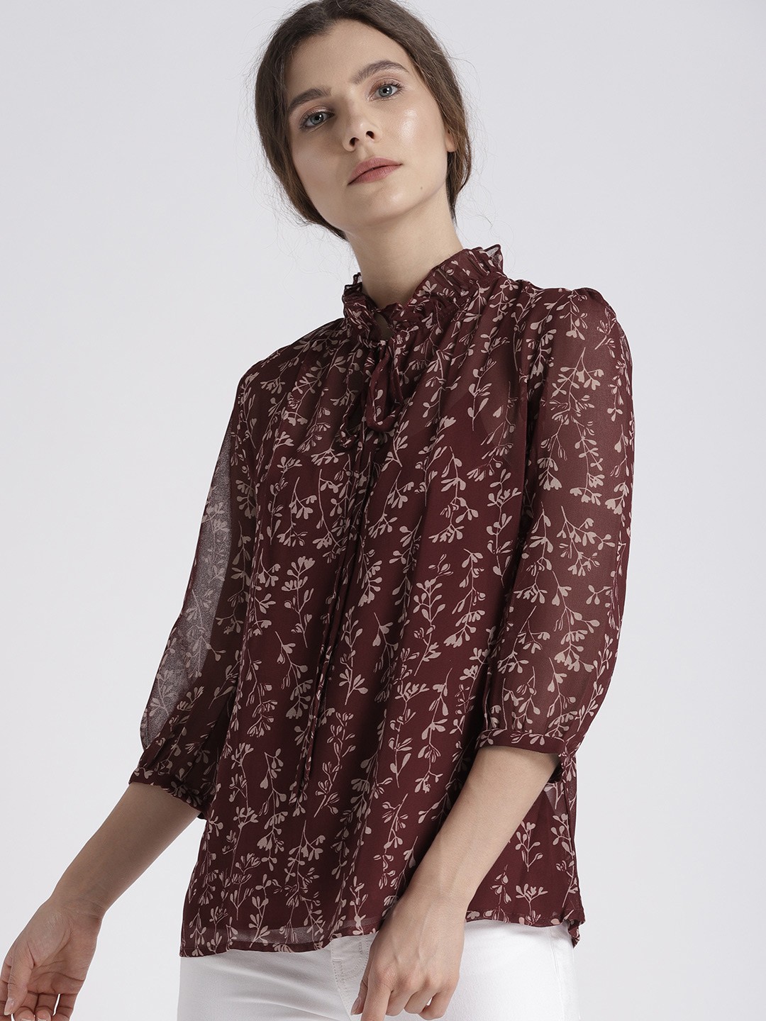

Chemistry Maroon Floral Pleated Sheer Top
