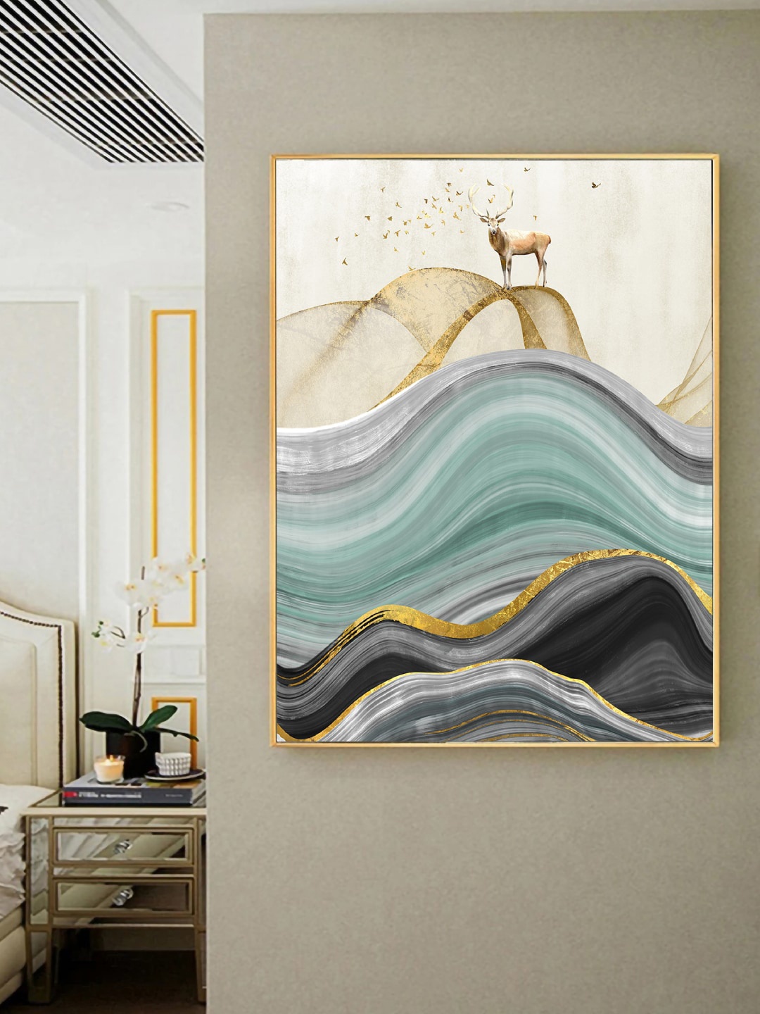 

Art Street Beige & Blue Deer On The Mountain Waves Printed Framed Wall Art