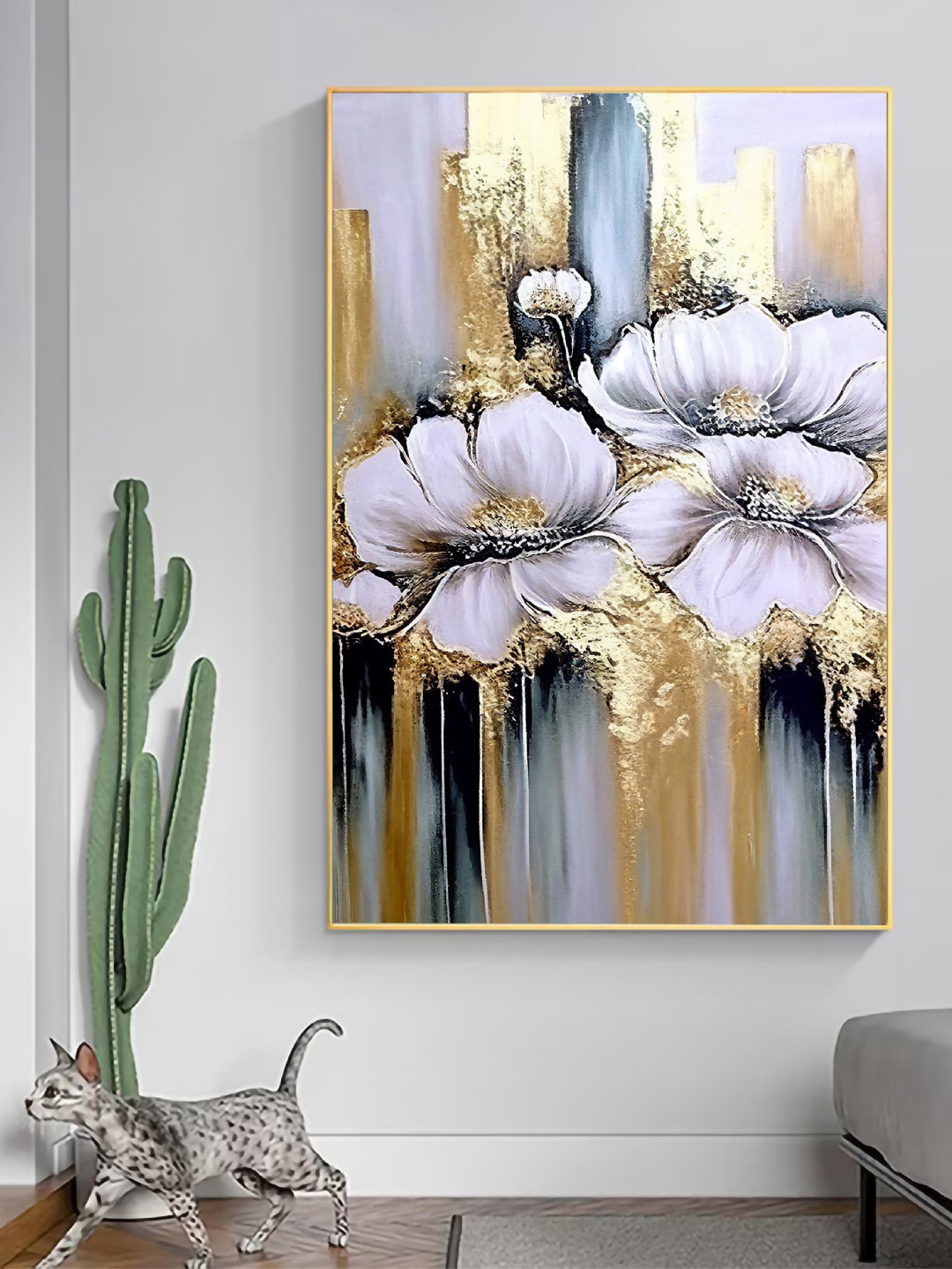 

Art Street Golden & White Flower Painting Wall Art, Gold