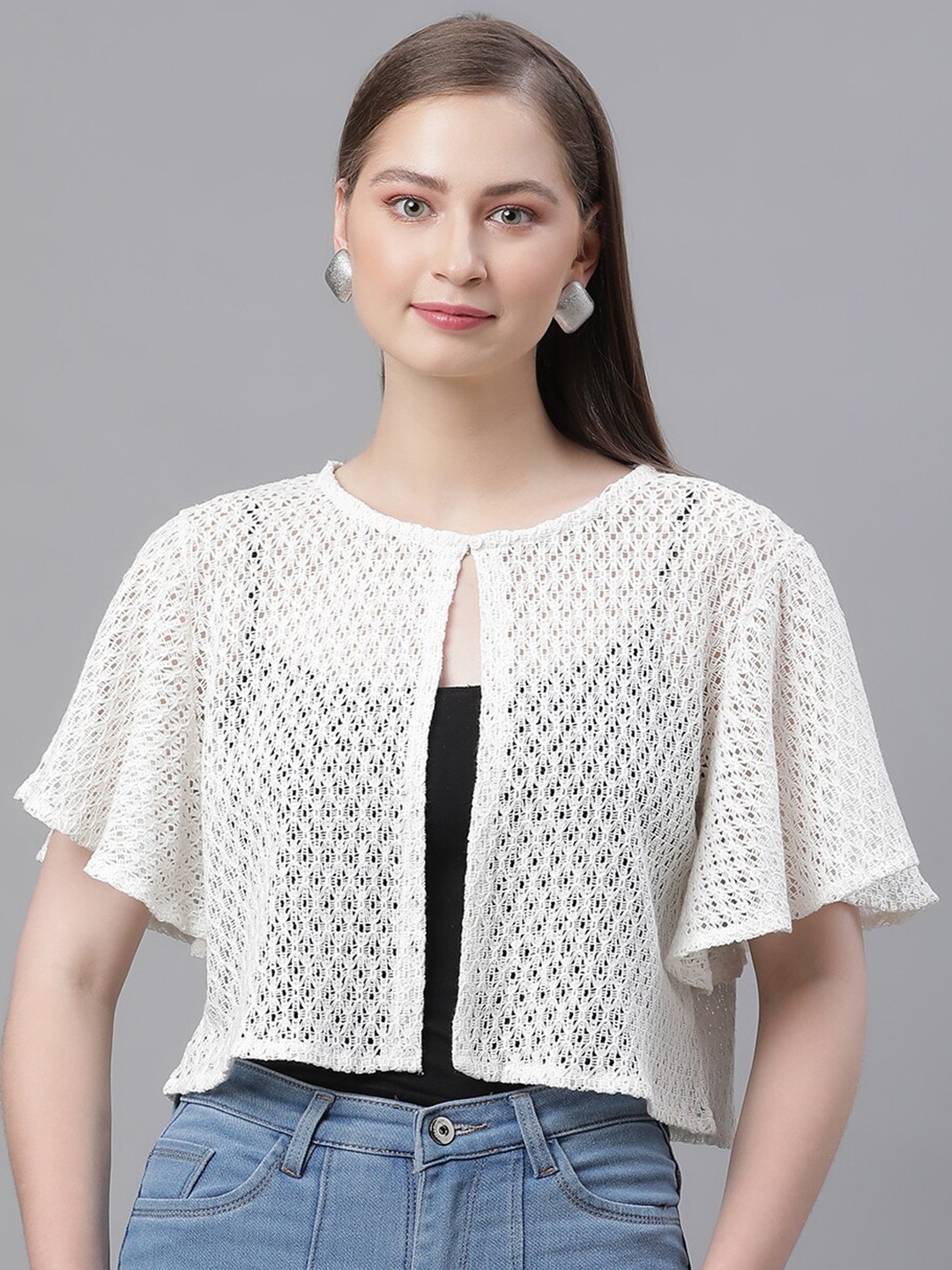 

UnaOne Self Design Open Front Crop Shrug, Off white