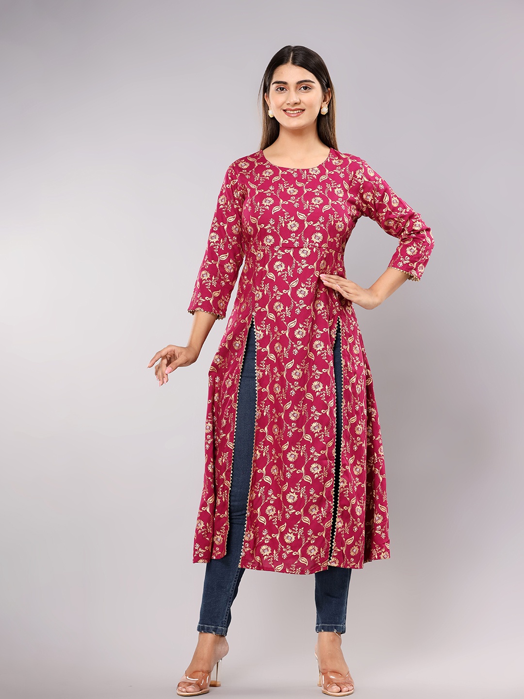 

Shedika Floral Printed A-Line Kurta, Maroon