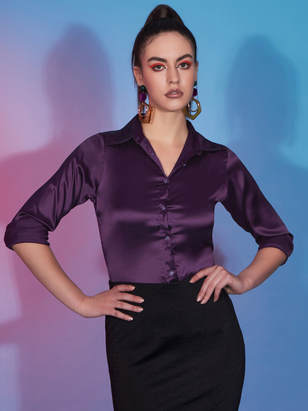 

Funday Fashion Spread Collar Opaque Satin Casual Shirt, Purple