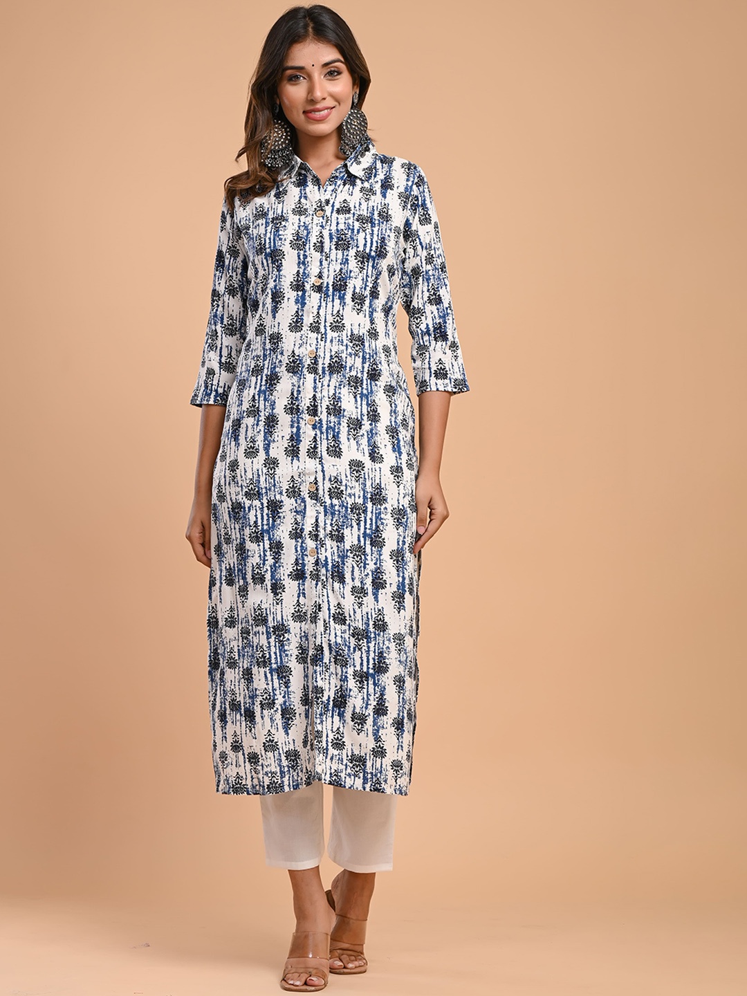 

Aasiya Floral Printed Shirt Collar Straight Kurta, Blue
