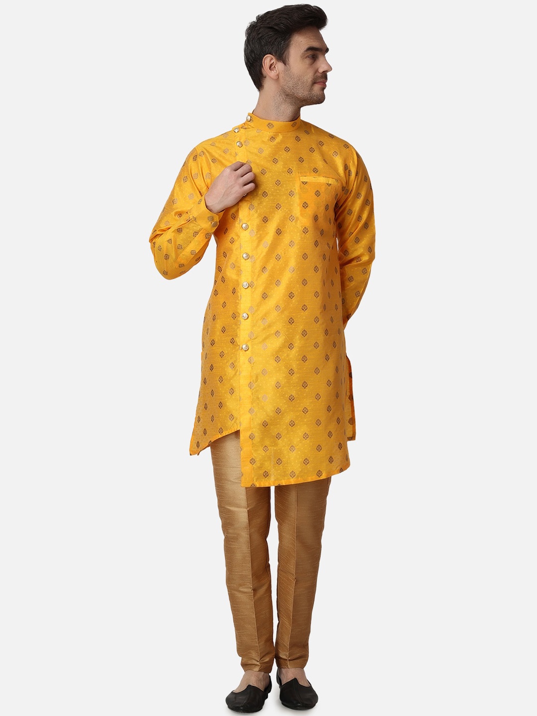 

ROYAL KURTA Ethnic Motifs Woven Design Asymmetric Kurta With Trousers, Mustard