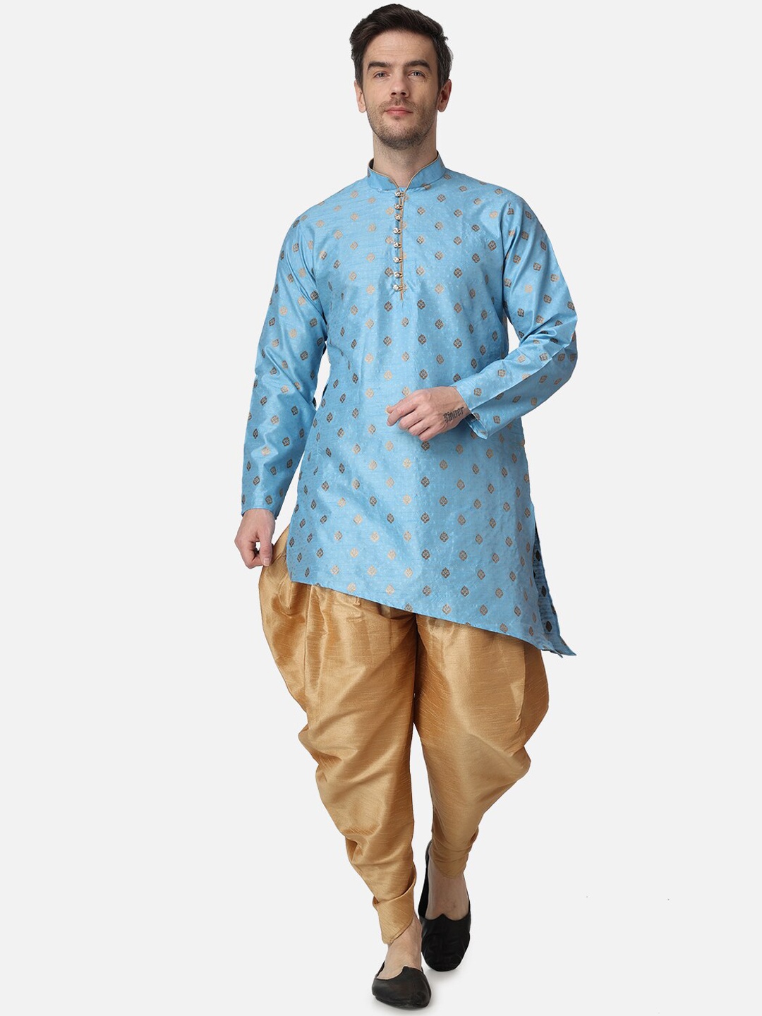 

ROYAL KURTA Ethnic Motifs Achkan Kurta With Dhoti Pants, Turquoise blue